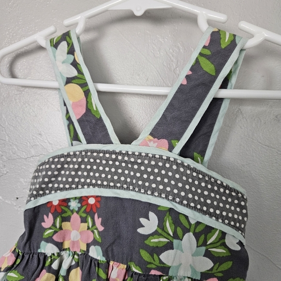 Matilda Jane Toddler Girl 2 Grey Floral Apron Dress Mixed Media Smocked Pink Dot - Picture 2 of 7